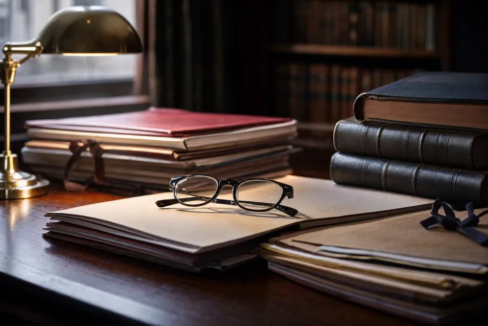 ملفات قضايا ومجلدات قانونية على مكتب محامٍ